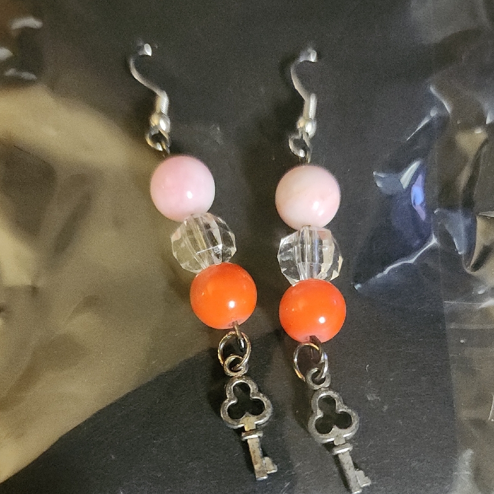 Pink and Orange Beaded Earrings with Key Charm